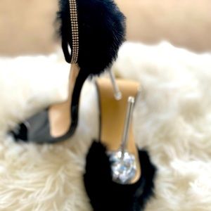 Rhinestone Ankle Strap Faux Mink Stiletto